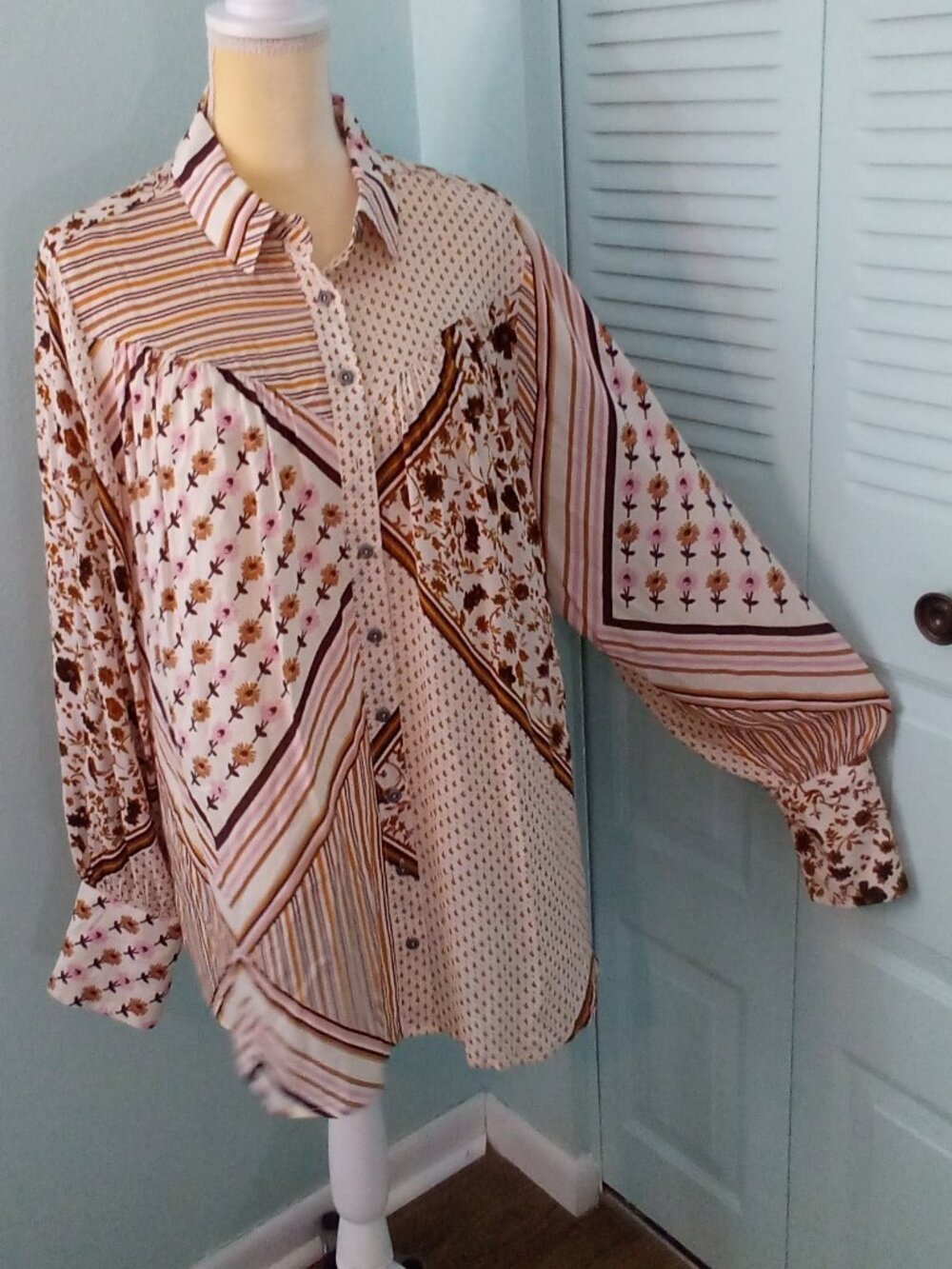 FREE PEOPLE LRG HAZEL BUTTON-UP SHIRT PATCHWORK FLORAL STRIPED TEA COMBO PATTERN